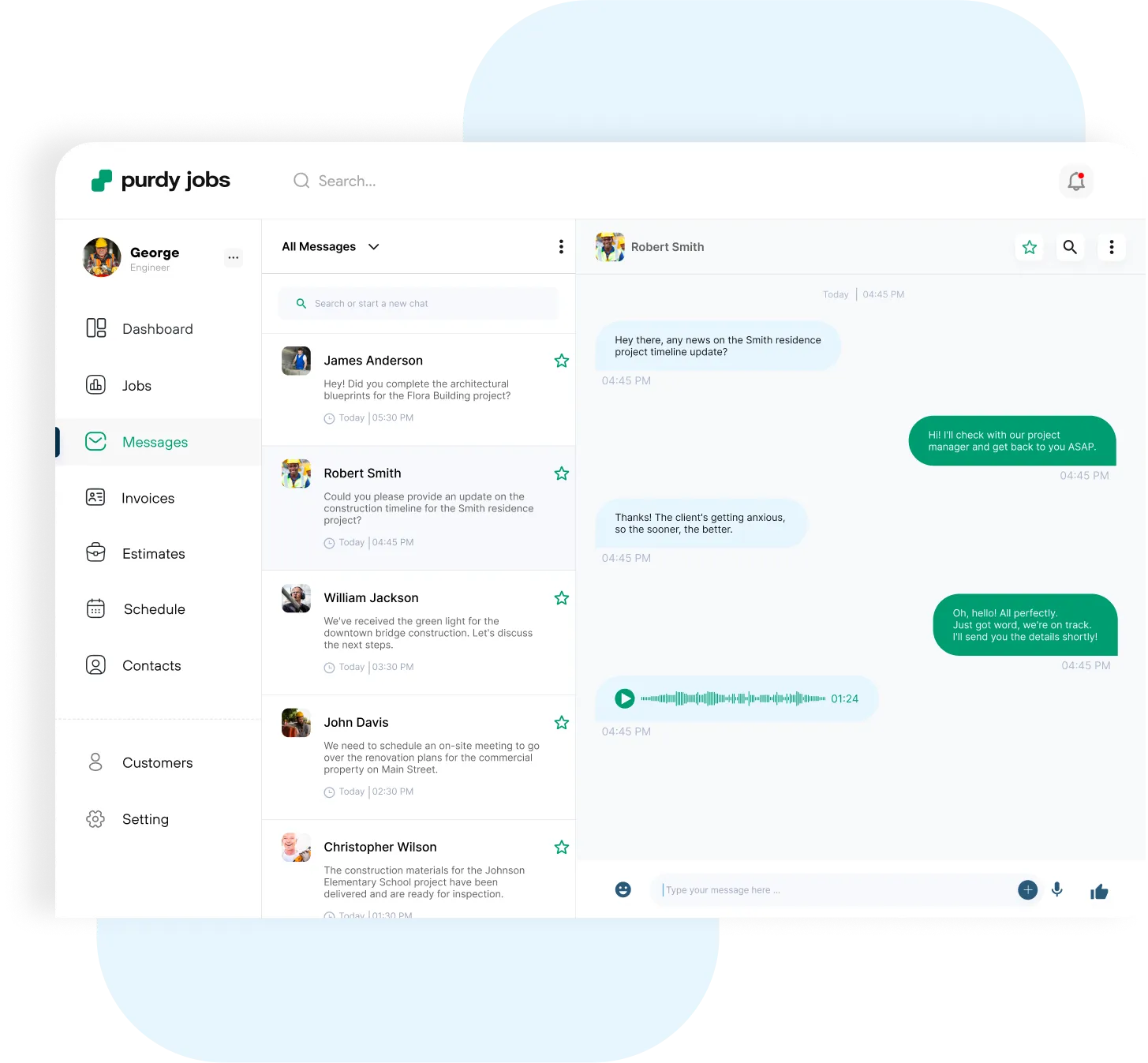 Purdy Jobs dashboard of the app showing messages screen